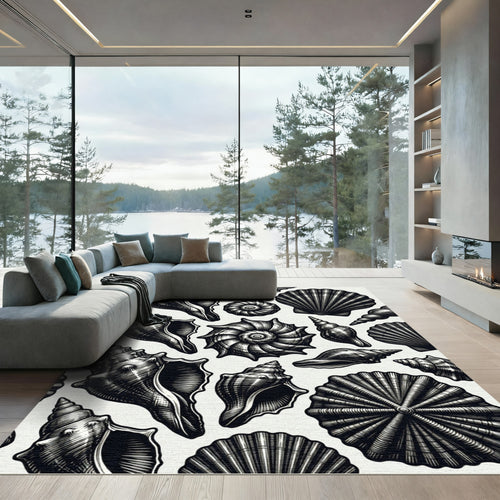 Black and White Seashell Sketch Collage Rug