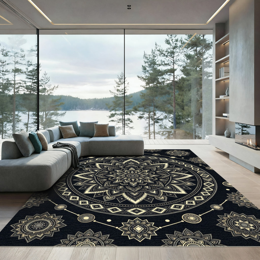 Monochrome Geometric Mandala Floral Medallion Rug