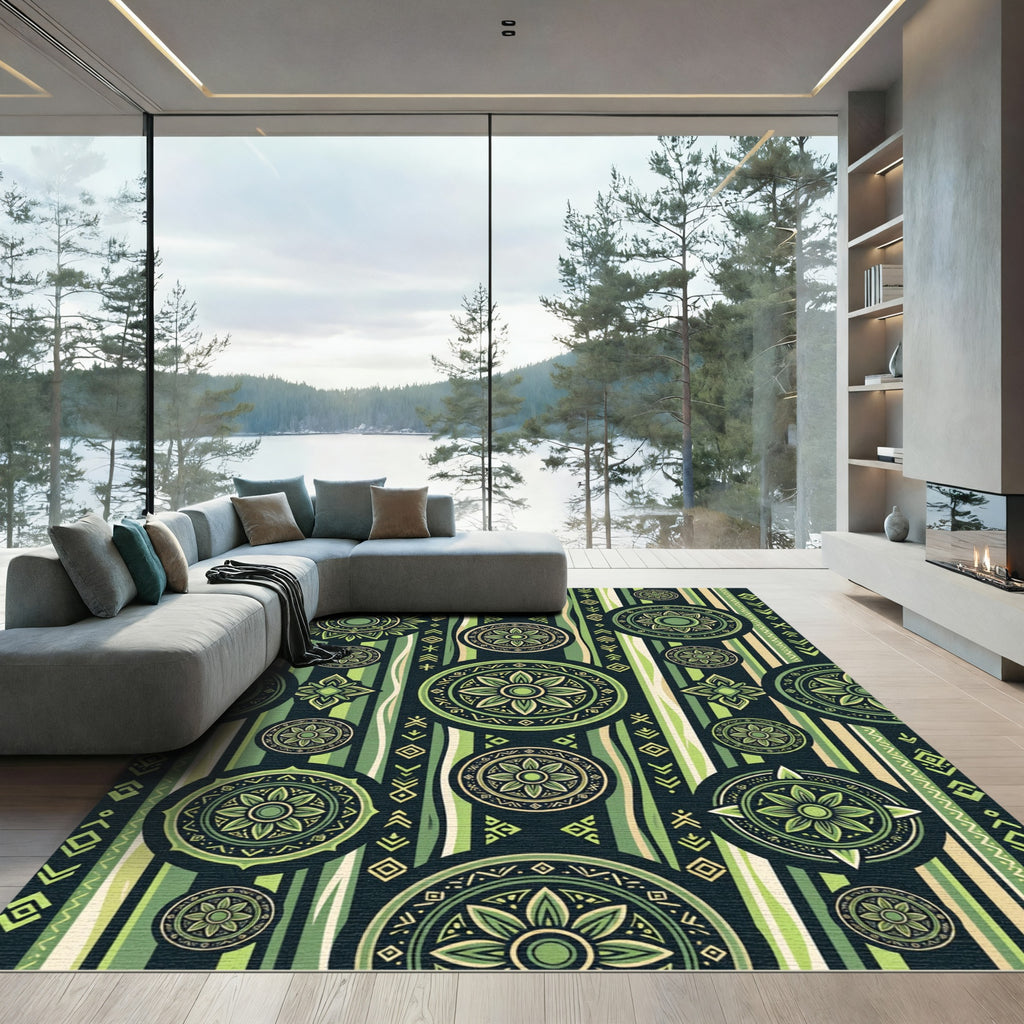 Green Tribal Mandala Stripe Rug