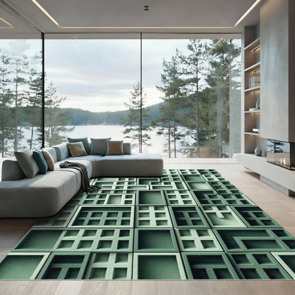 Sage Geometric Grid Architectural Relief Rug