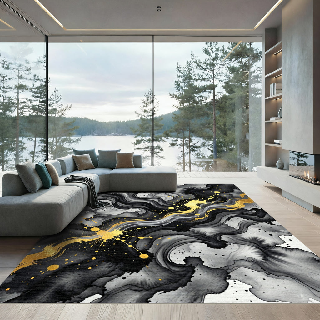 Modern Black and Gold Fluid Ink Rug
