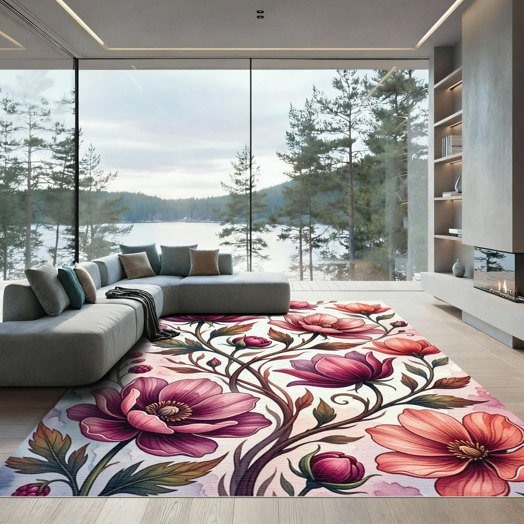 Blush Painted Floral Botanical Art Rug