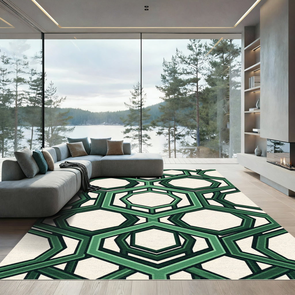 Geometric Sage Interlocking Hexagon Grid Rug