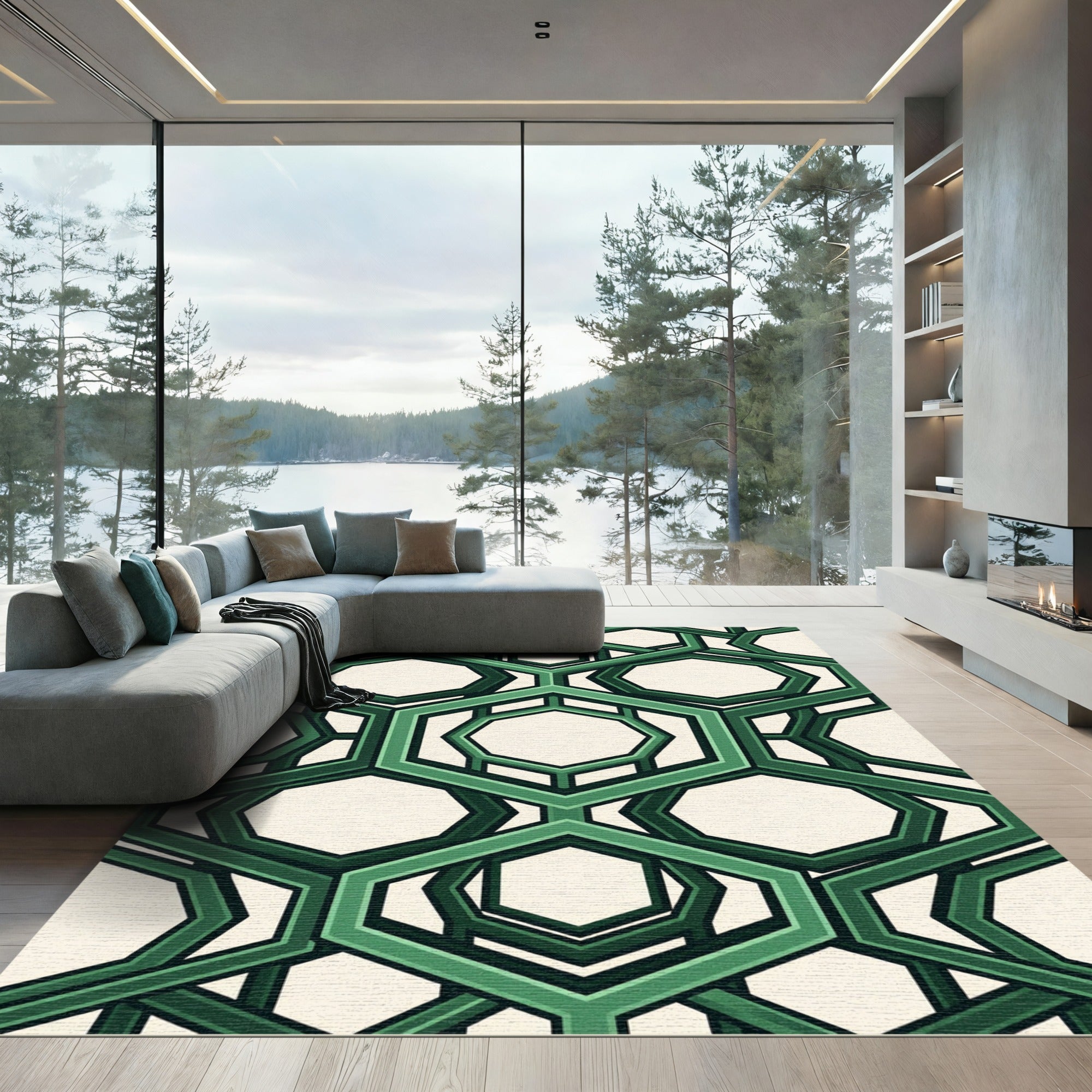 Geometric Sage Interlocking Hexagon Grid Rug