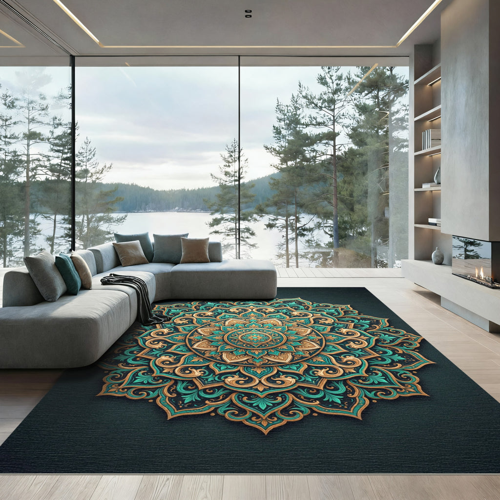Teal and Golden Ornate Mandala Medallion Rug