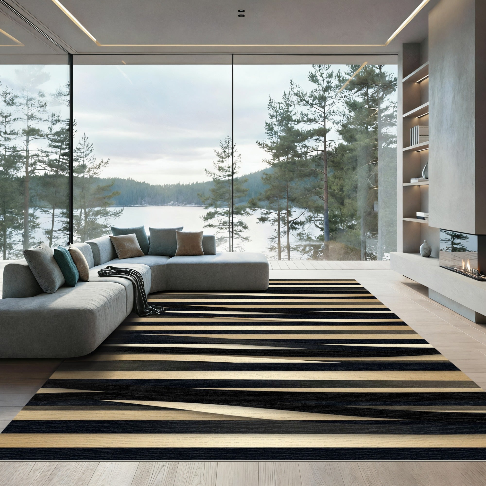 Golden Black Wavy Stripe Layered Rug