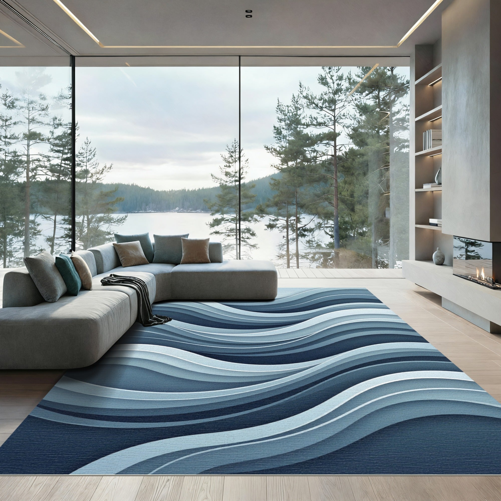 Modern Navy and Slate Abstract Wave Rug