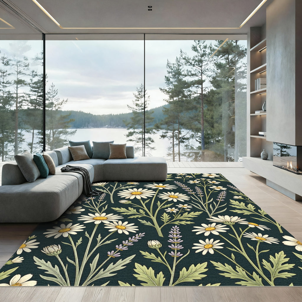 Dark Botanical Daisy and Lavender Accent Rug