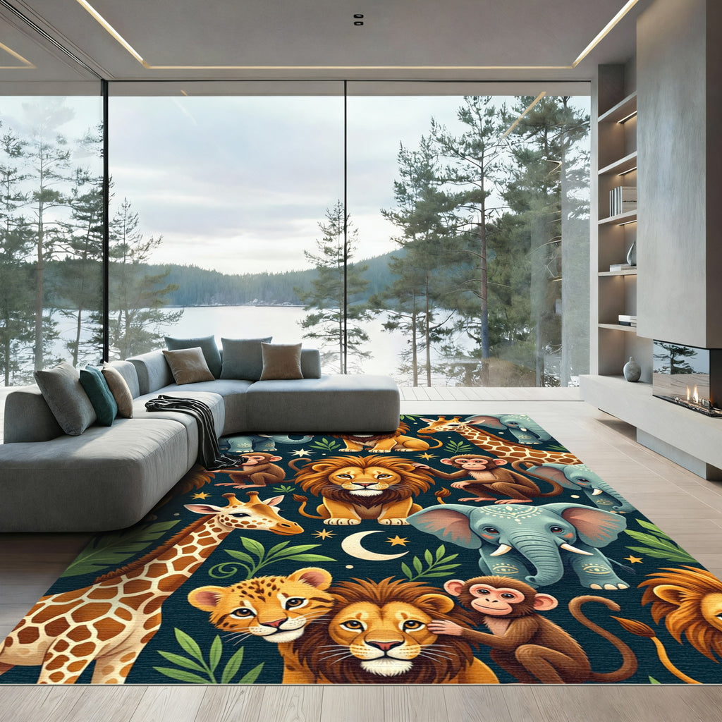 Whimsical Jungle Animal Safari Deep Teal Rug