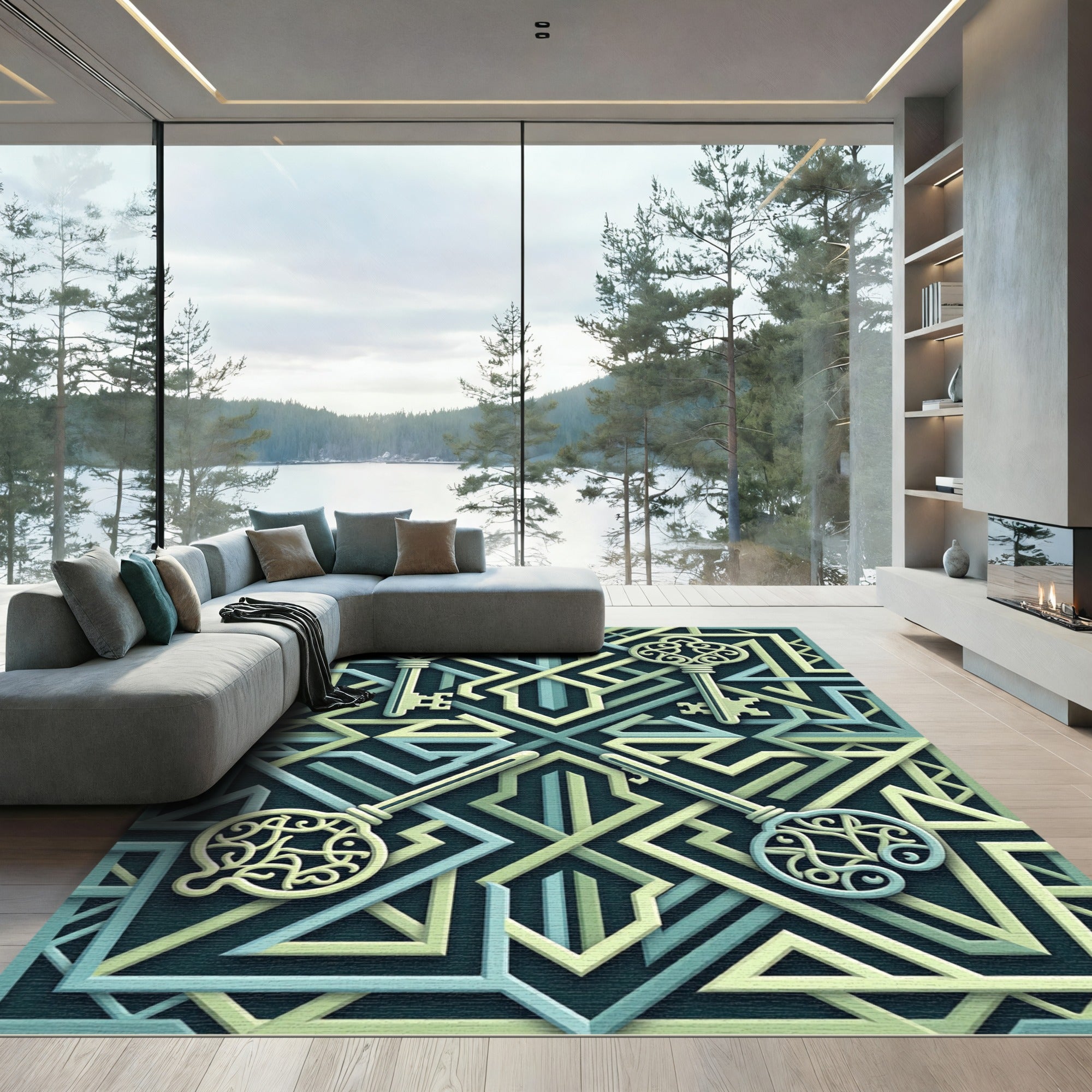Elegant Sage Key Geometric Interlaced Art Rug