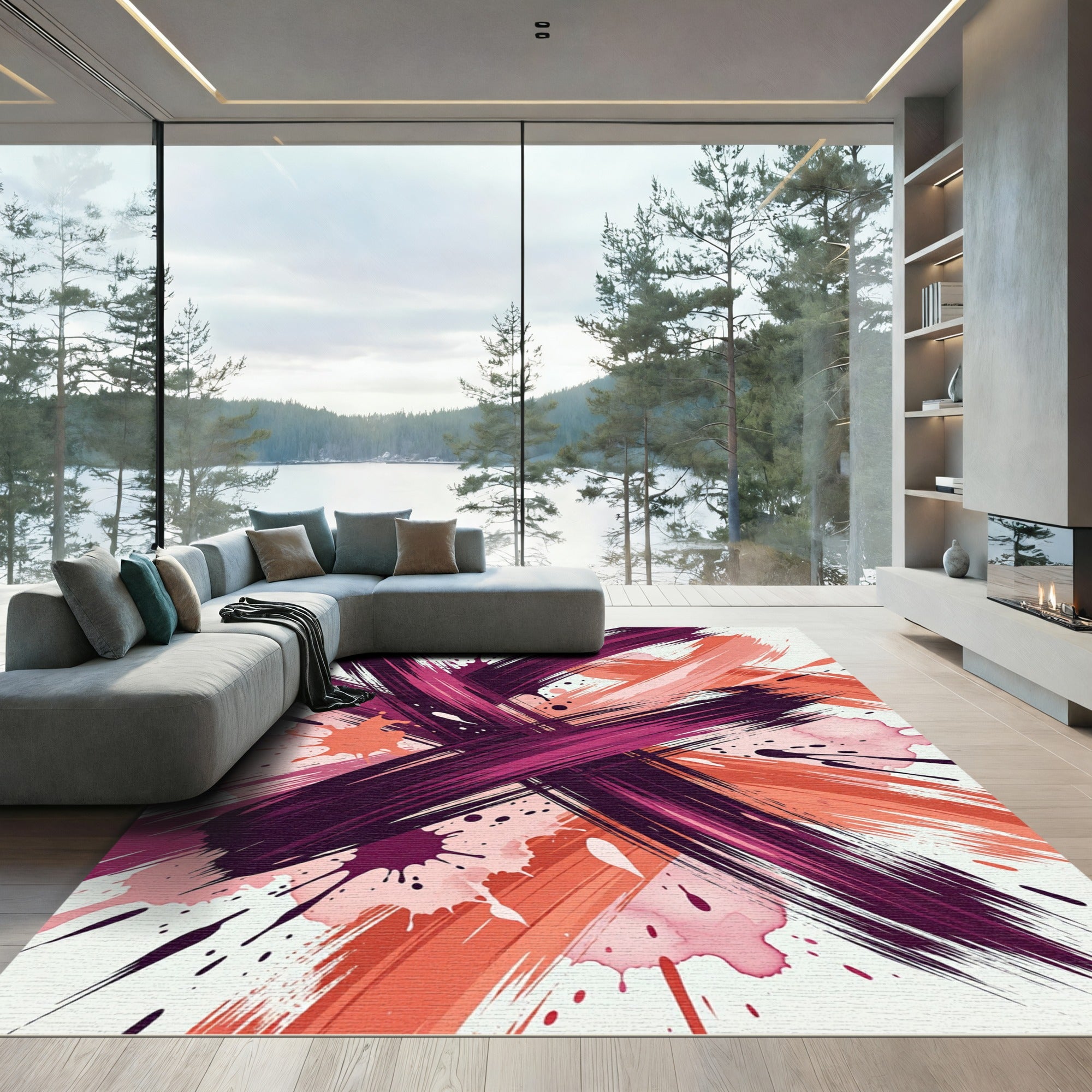 Abstract Crimson and Coral Brushstroke Art Rug