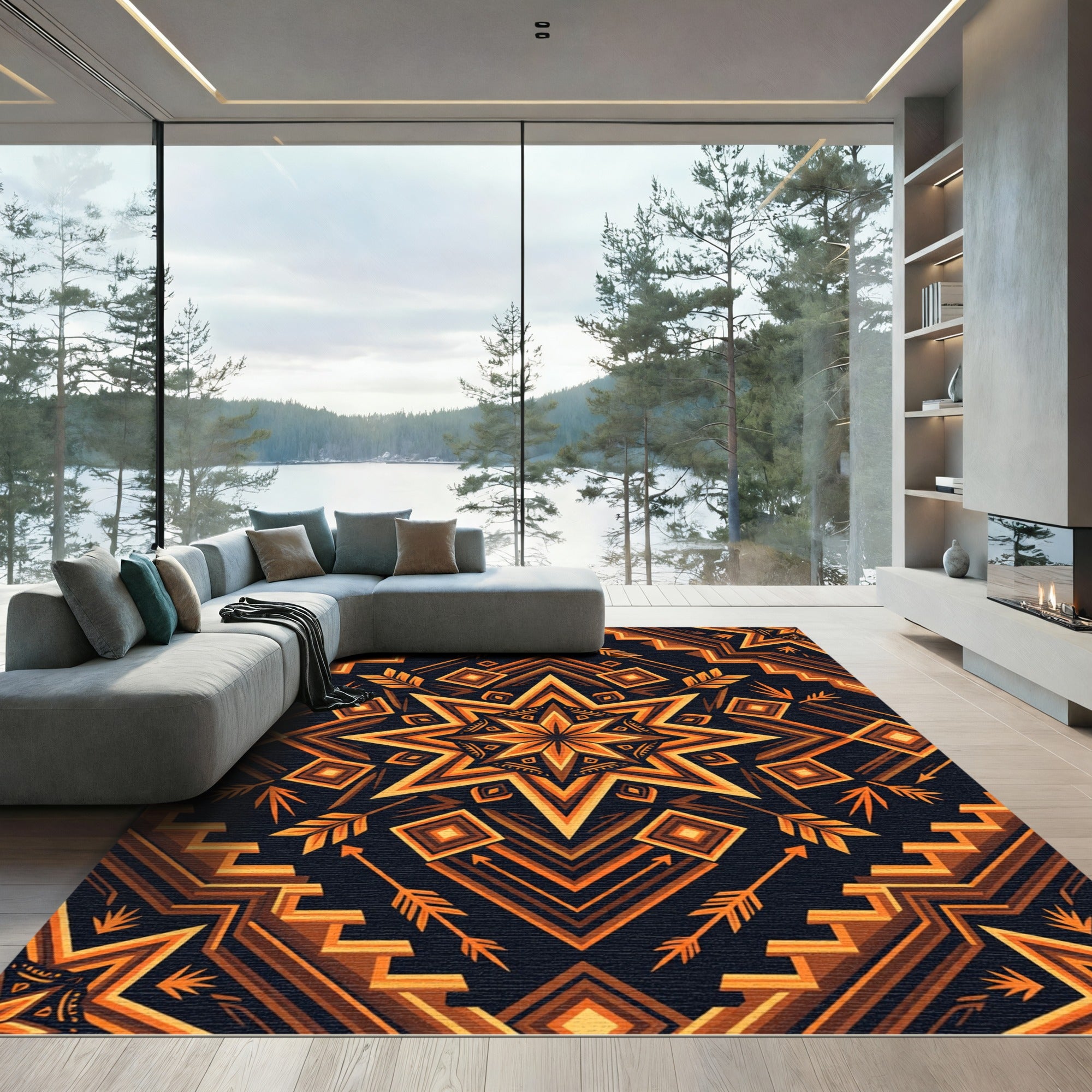 Geometric Golden Star Amber Aztec Art Rug