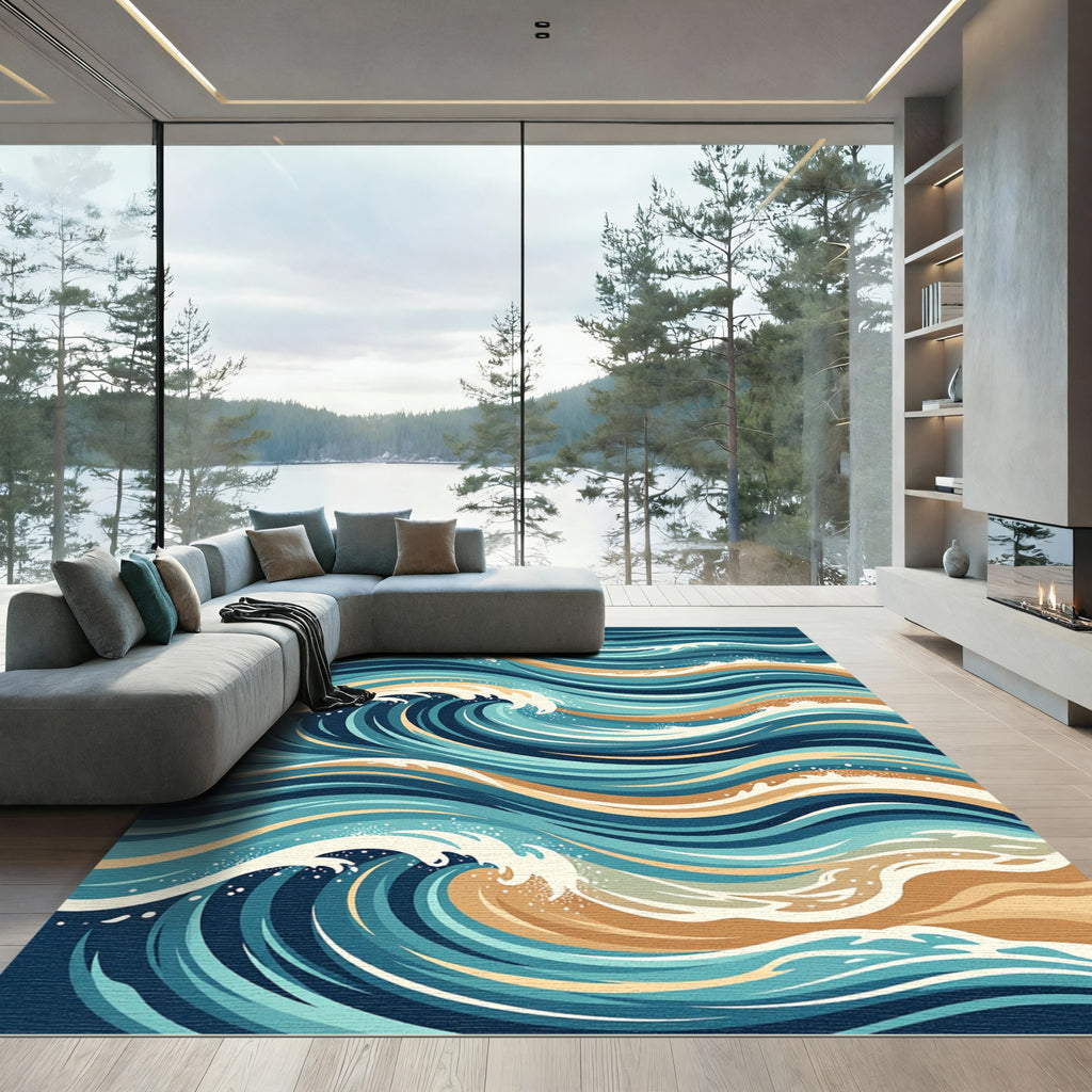 Fluid Blue and Golden Ocean Swell Rug
