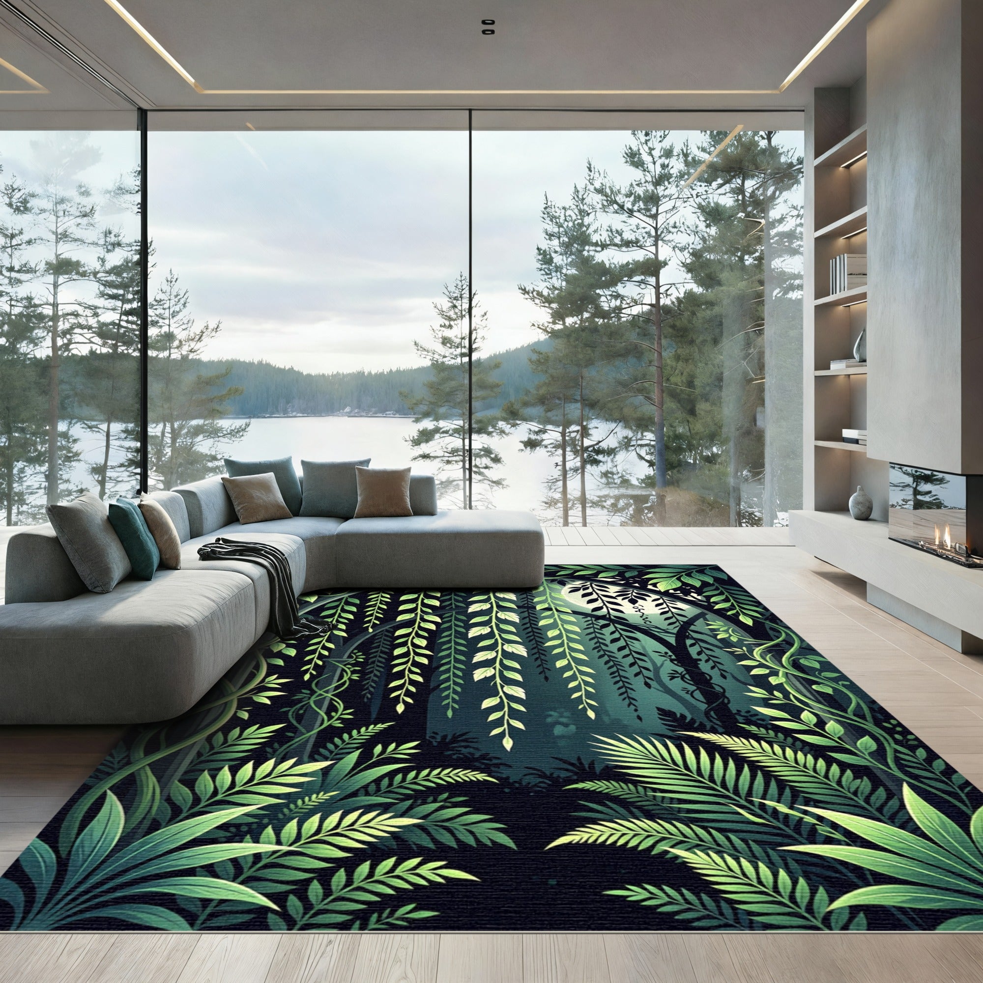 Lush Emerald Moonlit Forest Foliage Rug