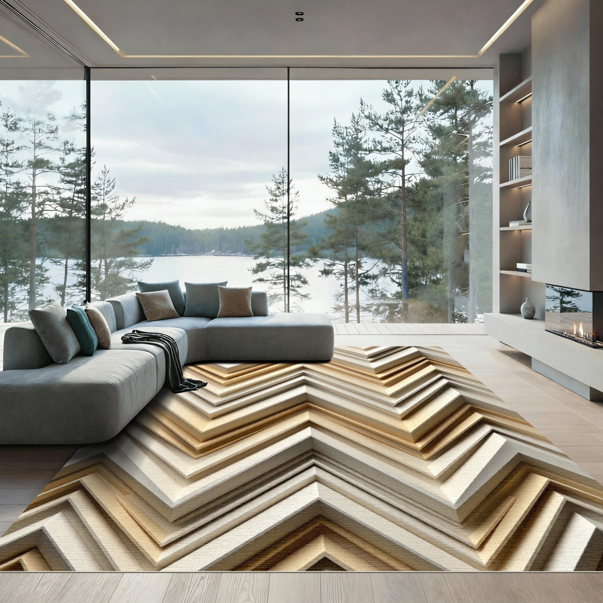 Neutral Chevron Geometric Layers Rug