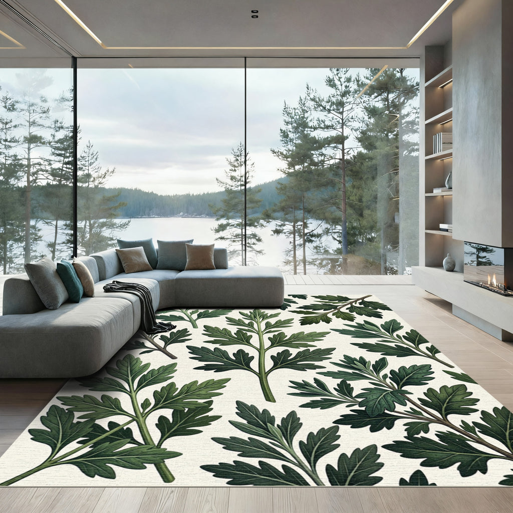Vintage Green Fern Leaf Pattern Rug