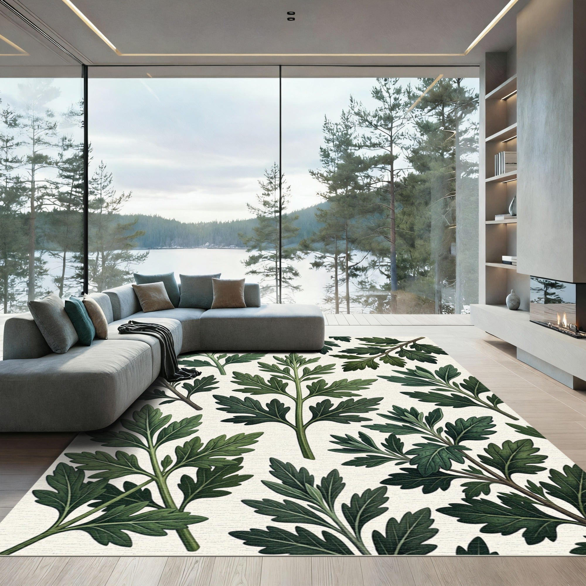 Vintage Green Fern Leaf Pattern Rug