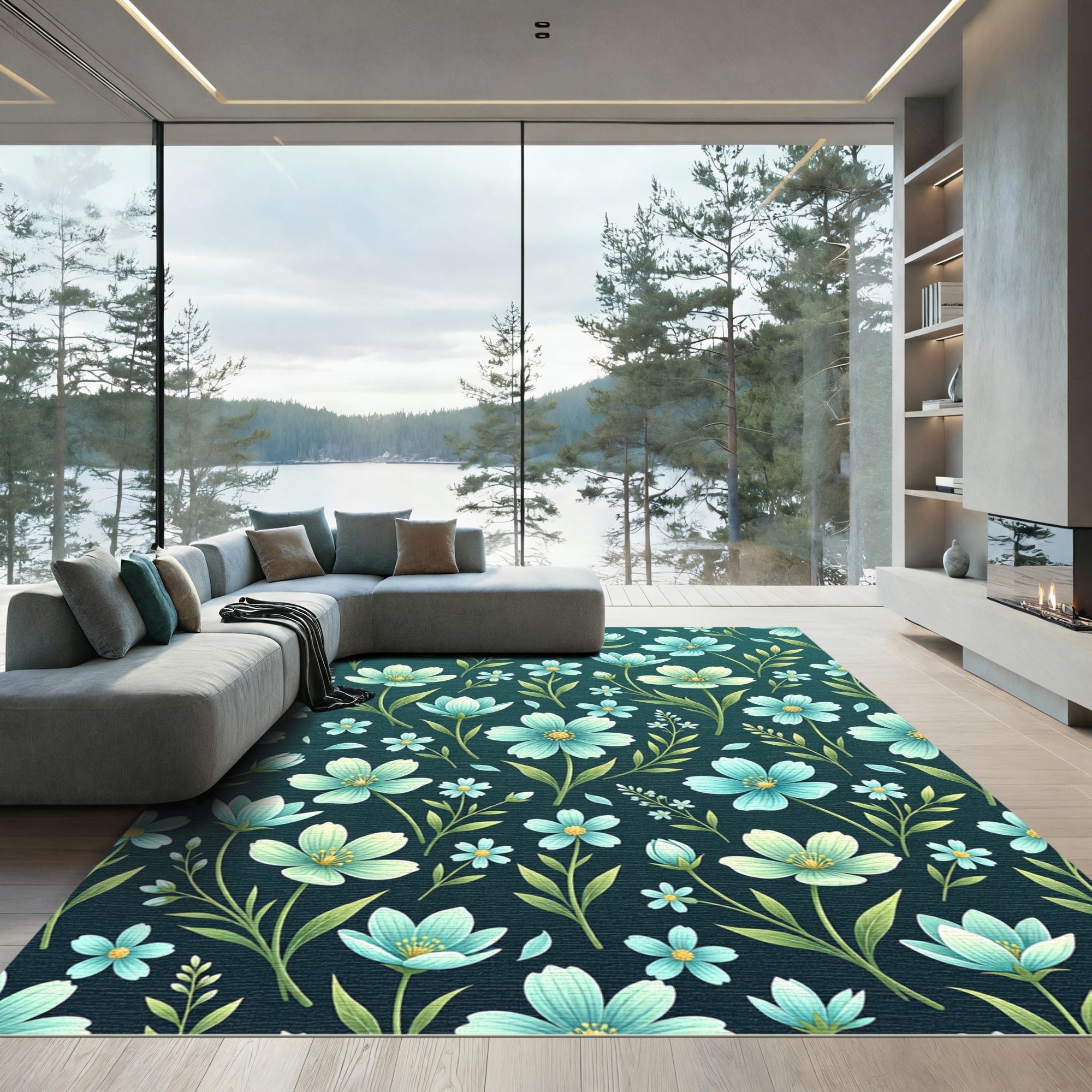 Teal Floral Garden Motif Rug