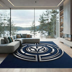 Metallic Silver Circular Geometric Navy Base Rug