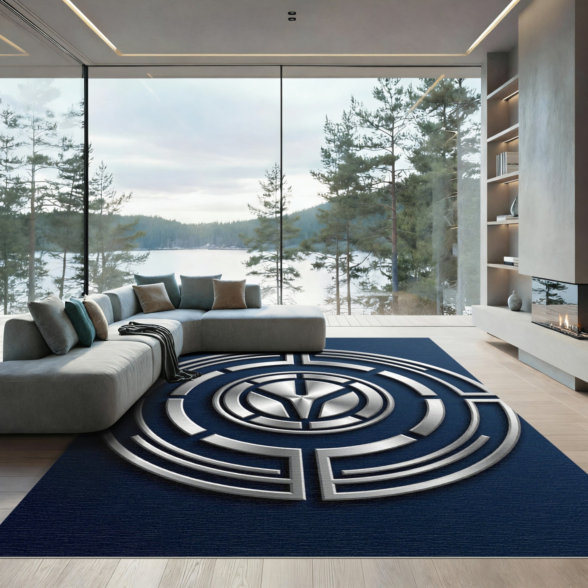 Metallic Silver Circular Geometric Navy Base Rug