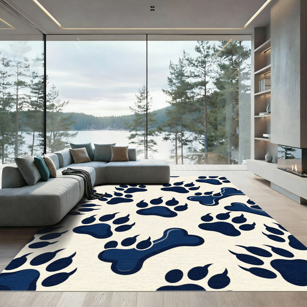 Playful Navy Paw Bone Illustration Rug