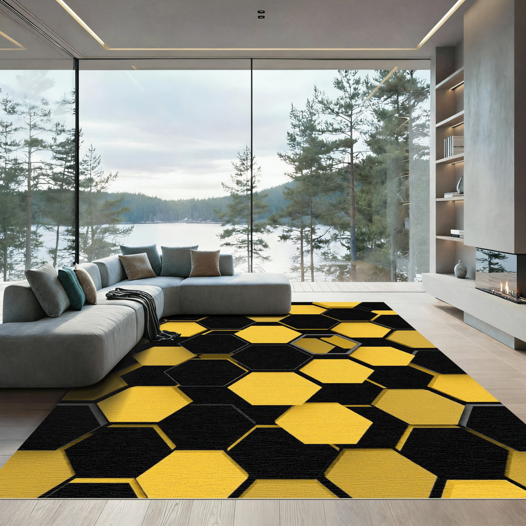 Modern Black and Yellow Geometric Honeycomb Rug