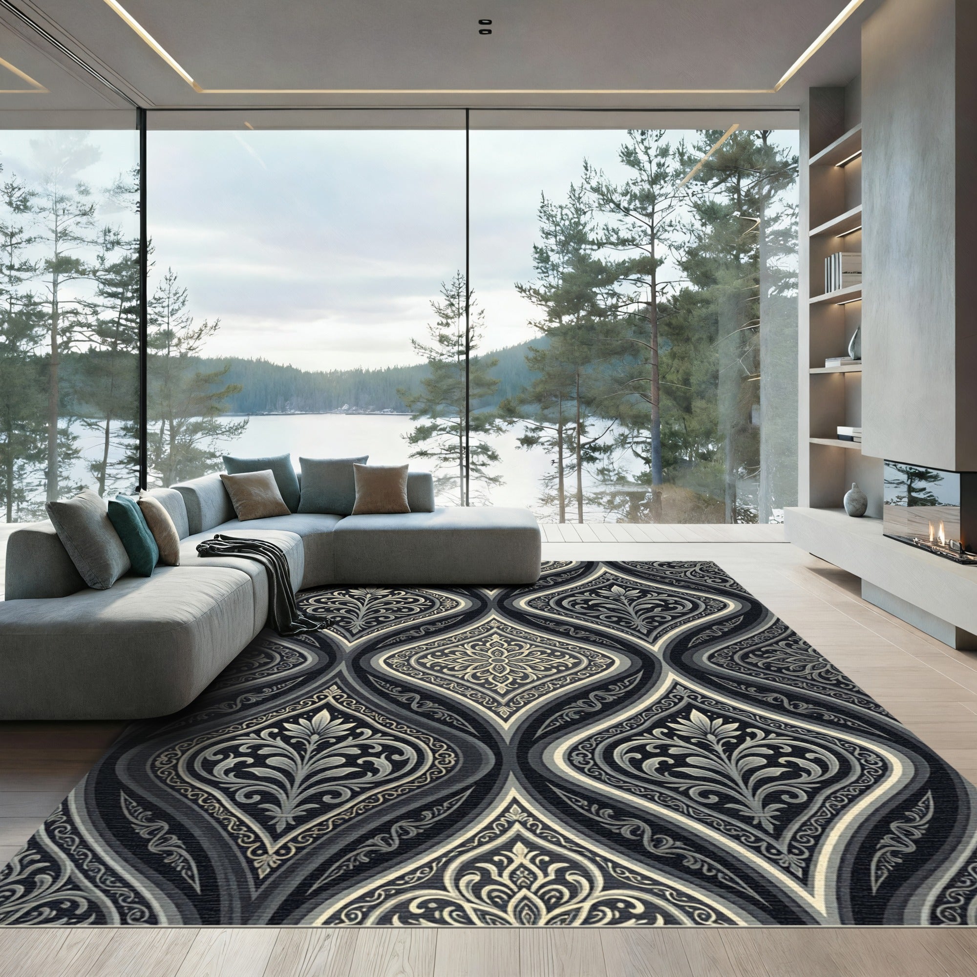 Sophisticated Charcoal Damask Floral Medallion Rug