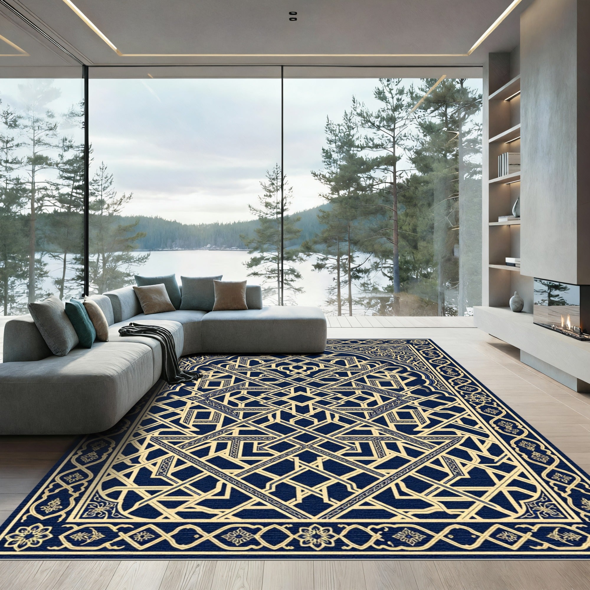 Golden Navy Ornate Islamic Geometric Art Rug