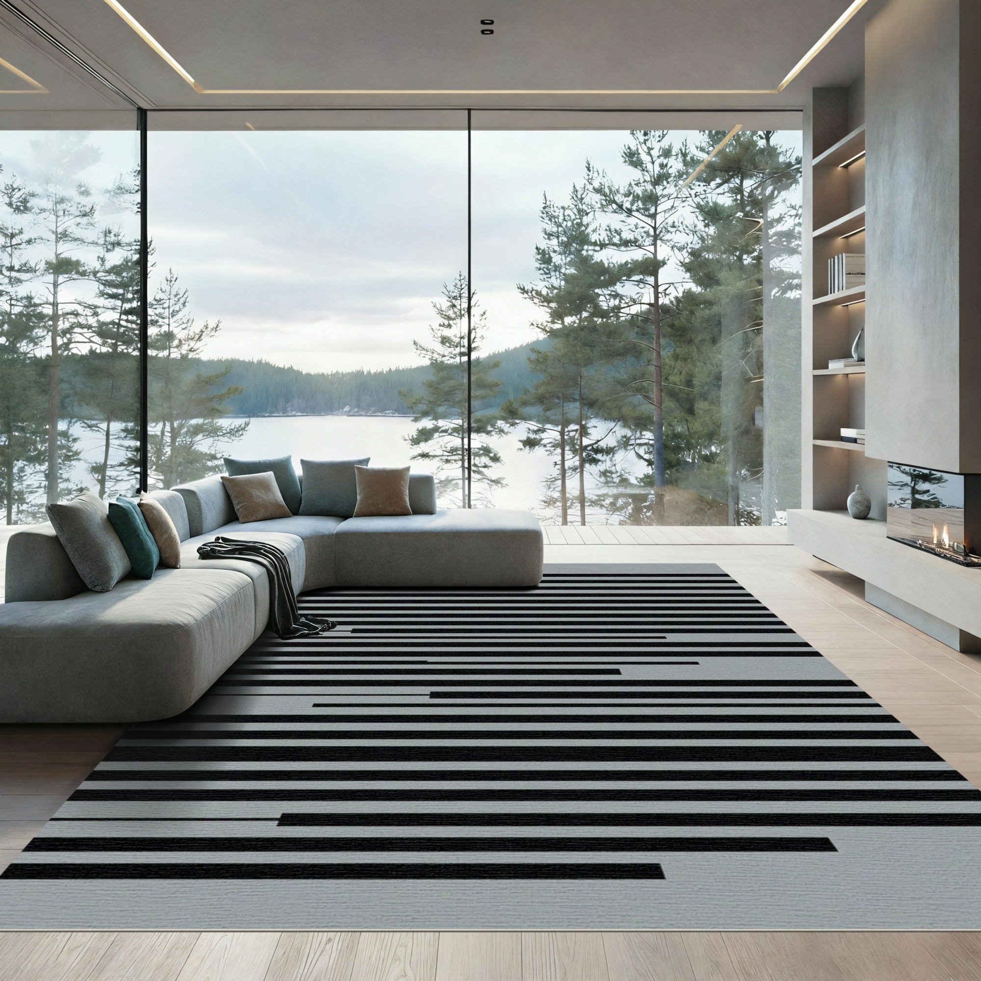 Minimalist Gray and Black Linear Rug