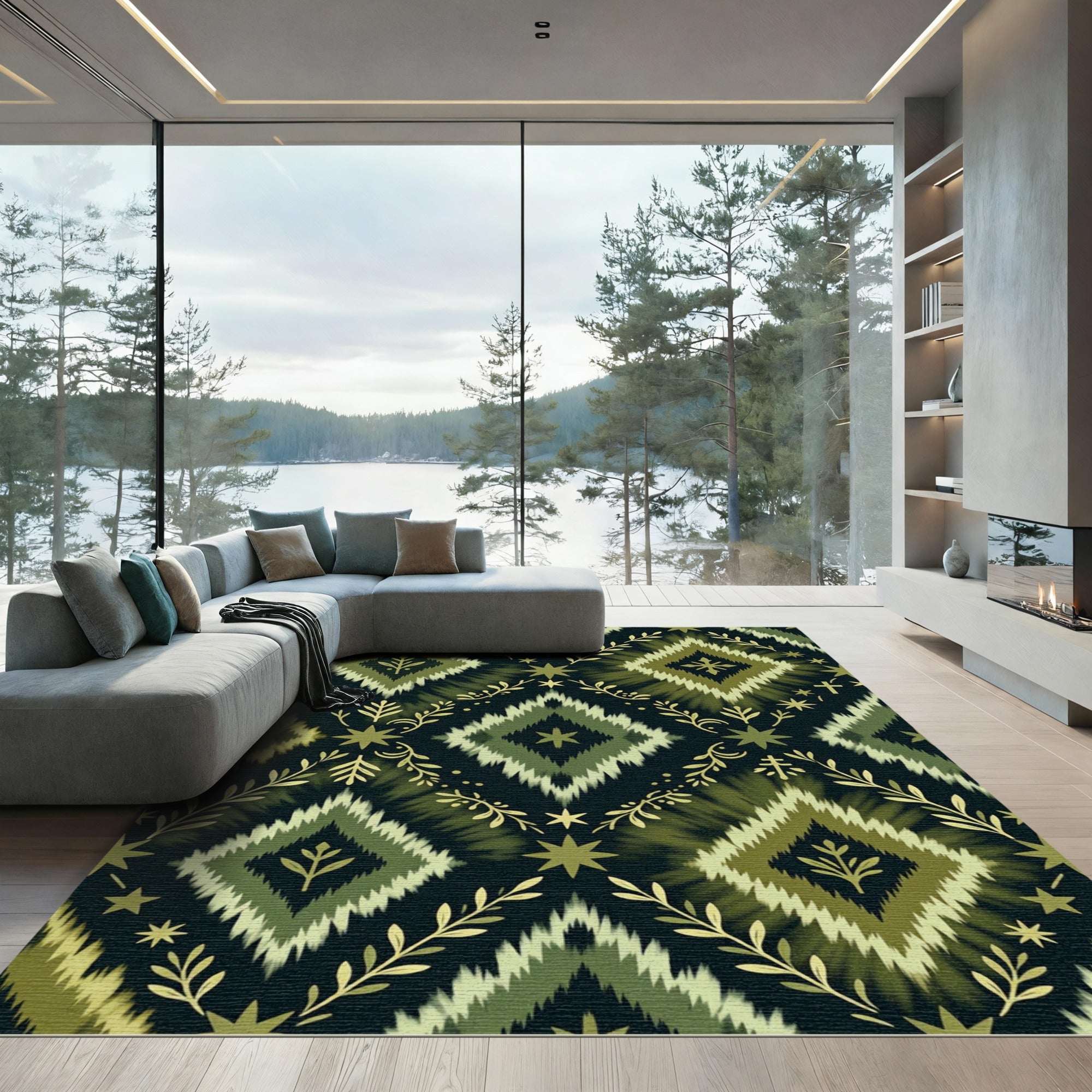 Olive Green Diamond Botanical Pattern Rug