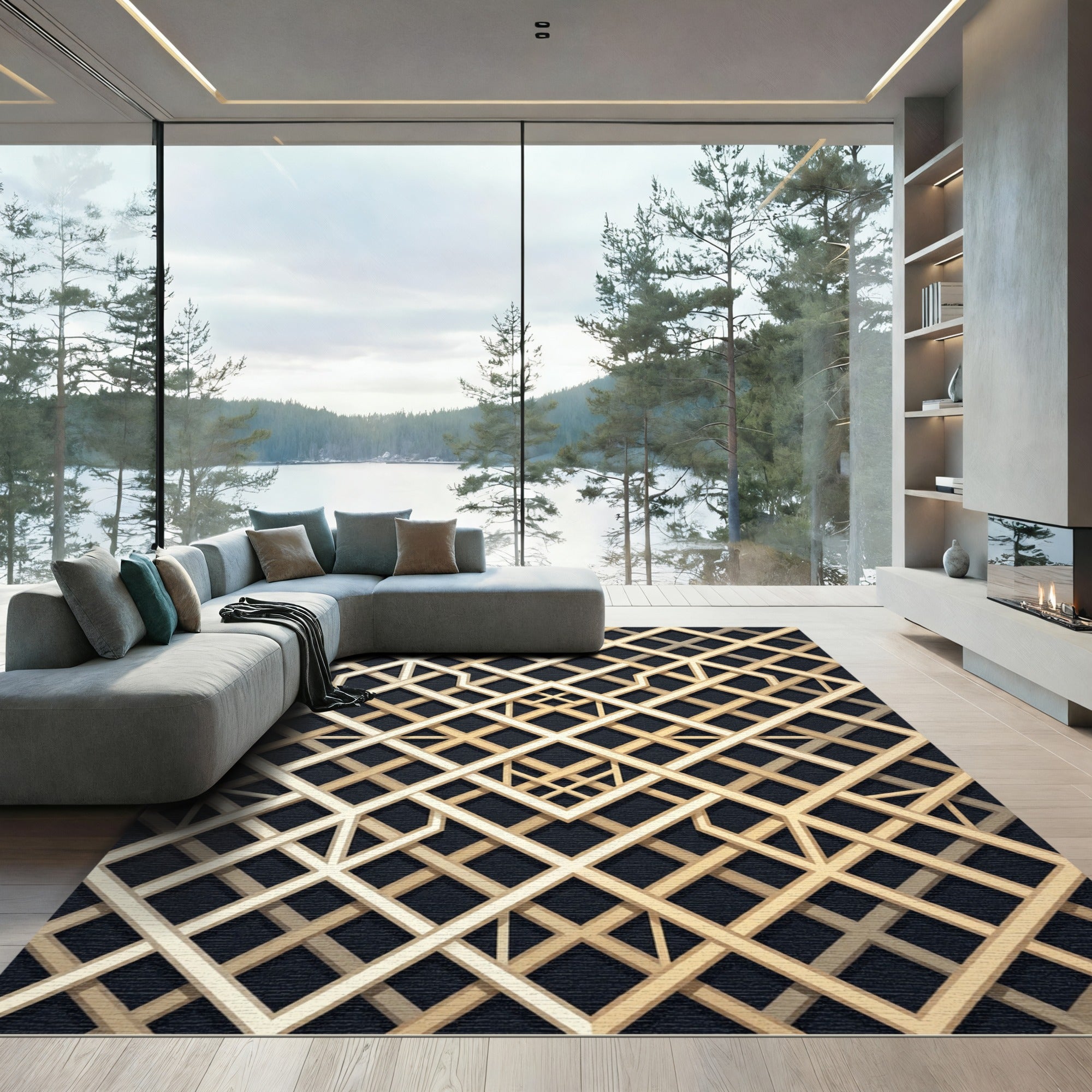 Gold Metallic Geometric Art Deco Lattice Rug