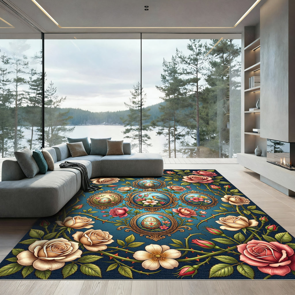 Vintage Rose Floral Bird Egg Art Rug