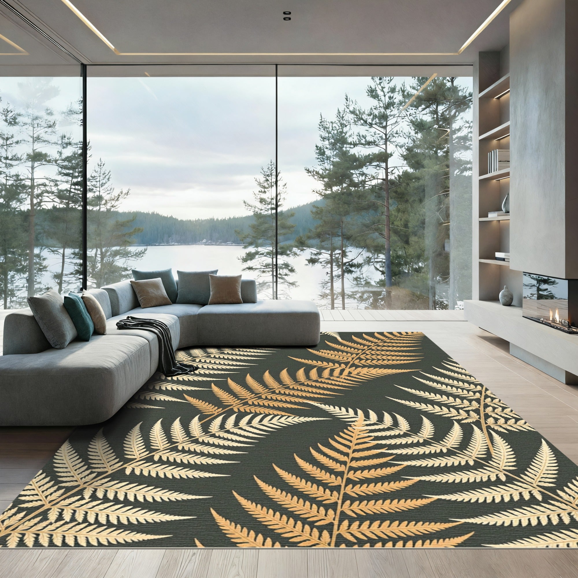 Golden Fern Frond Pattern Rug