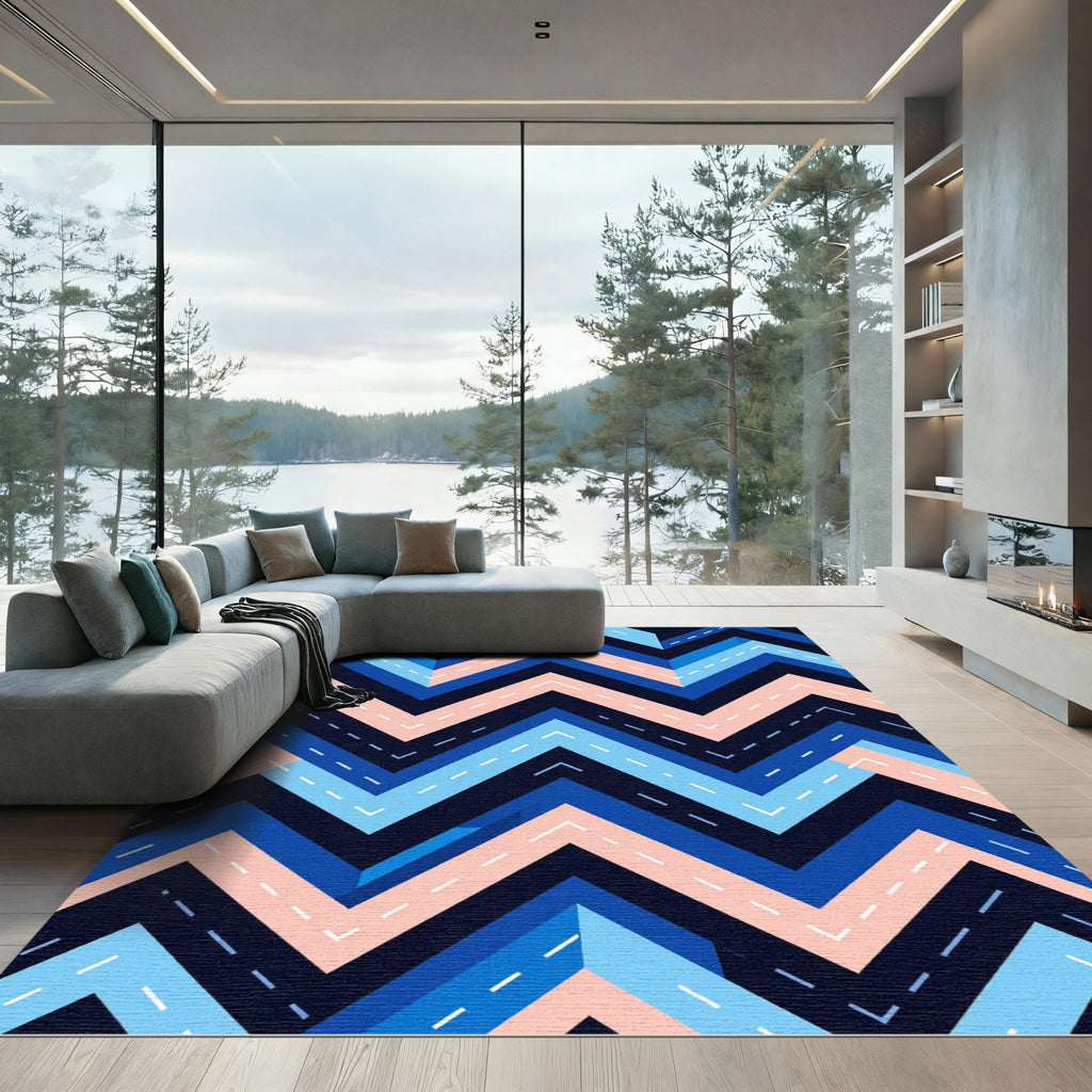 Retro Blue Pink Chevron Geometric Rug