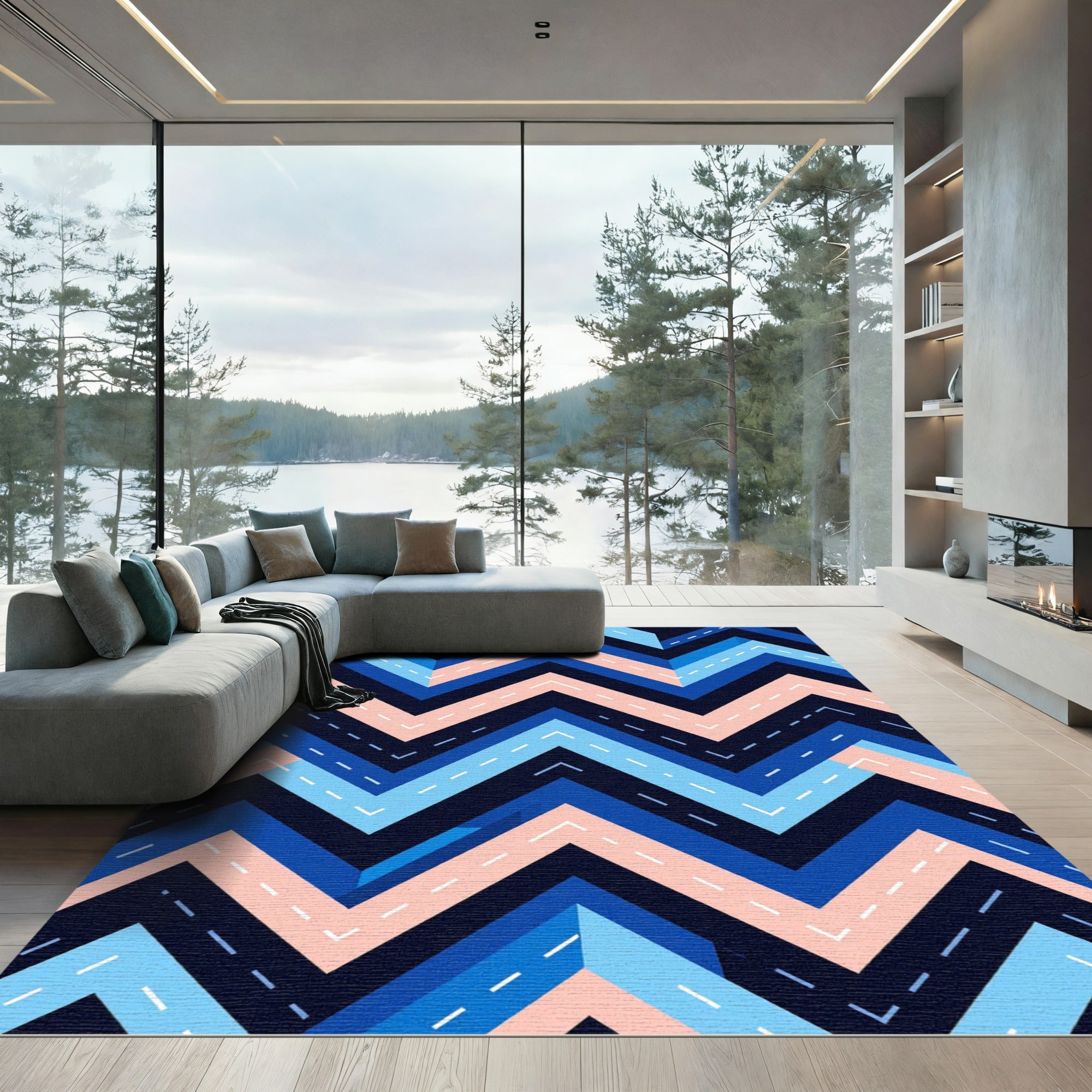 Retro Blue Pink Chevron Geometric Rug