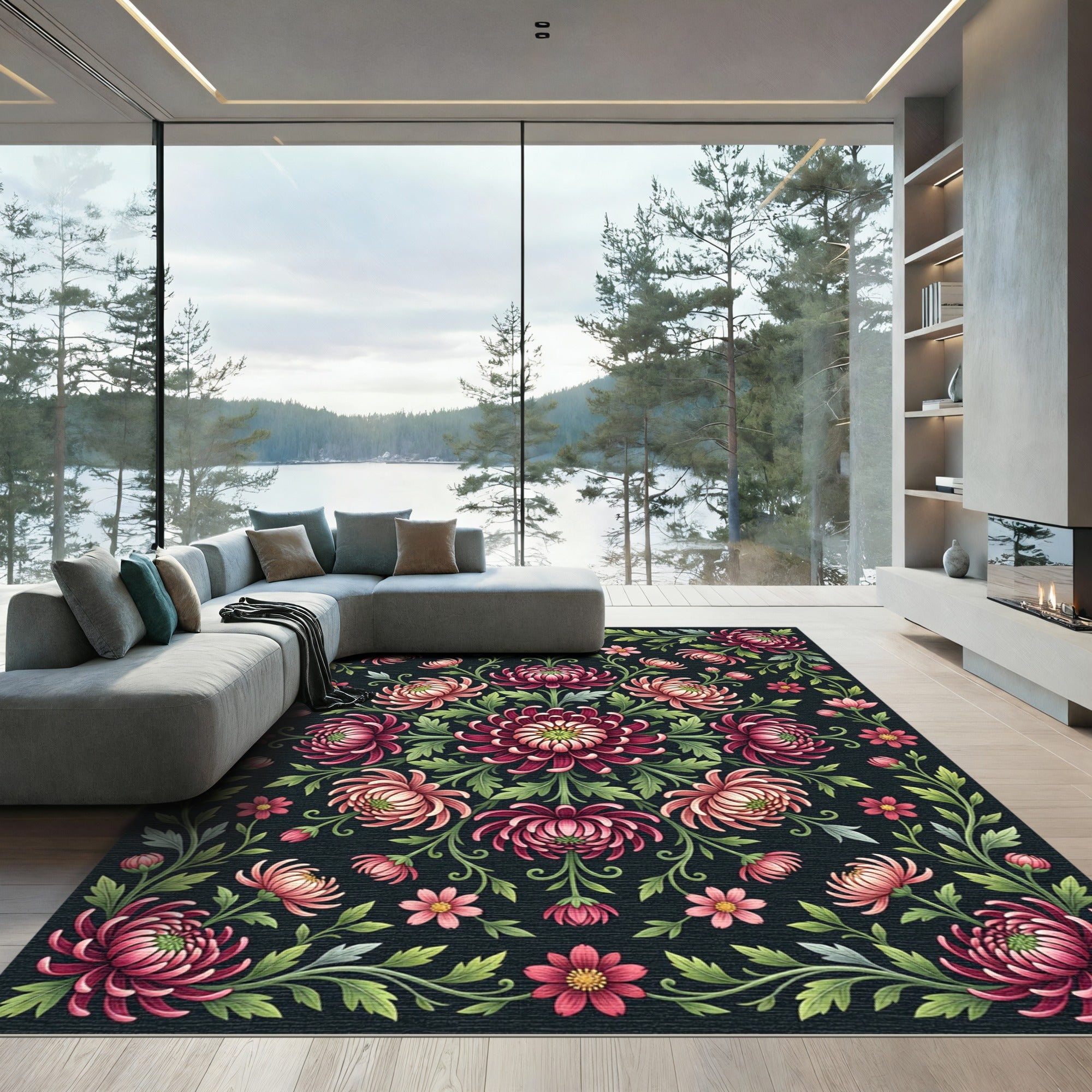 Dark Rose Chrysanthemum Floral Medallion Rug
