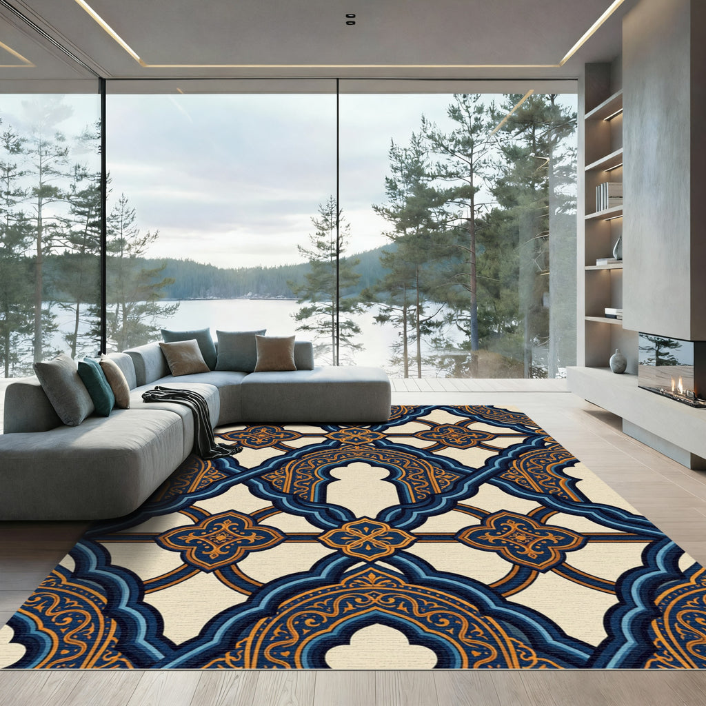Elegant Blue and Amber Arched Lattice Rug