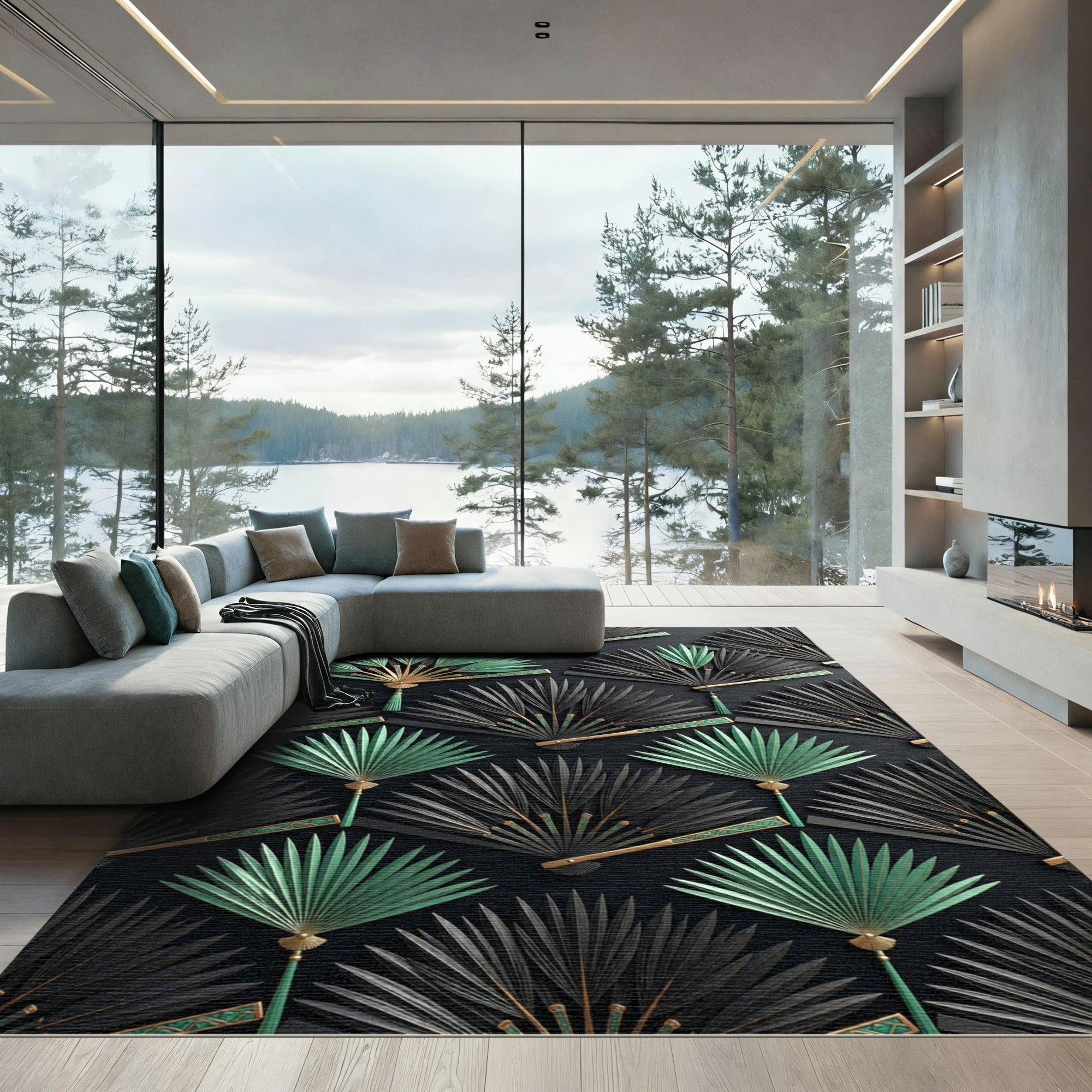Elegant Black and Mint Fan Art Rug