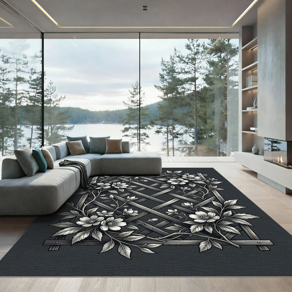 Monochromatic Floral Trellis Lattice Botanical Rug