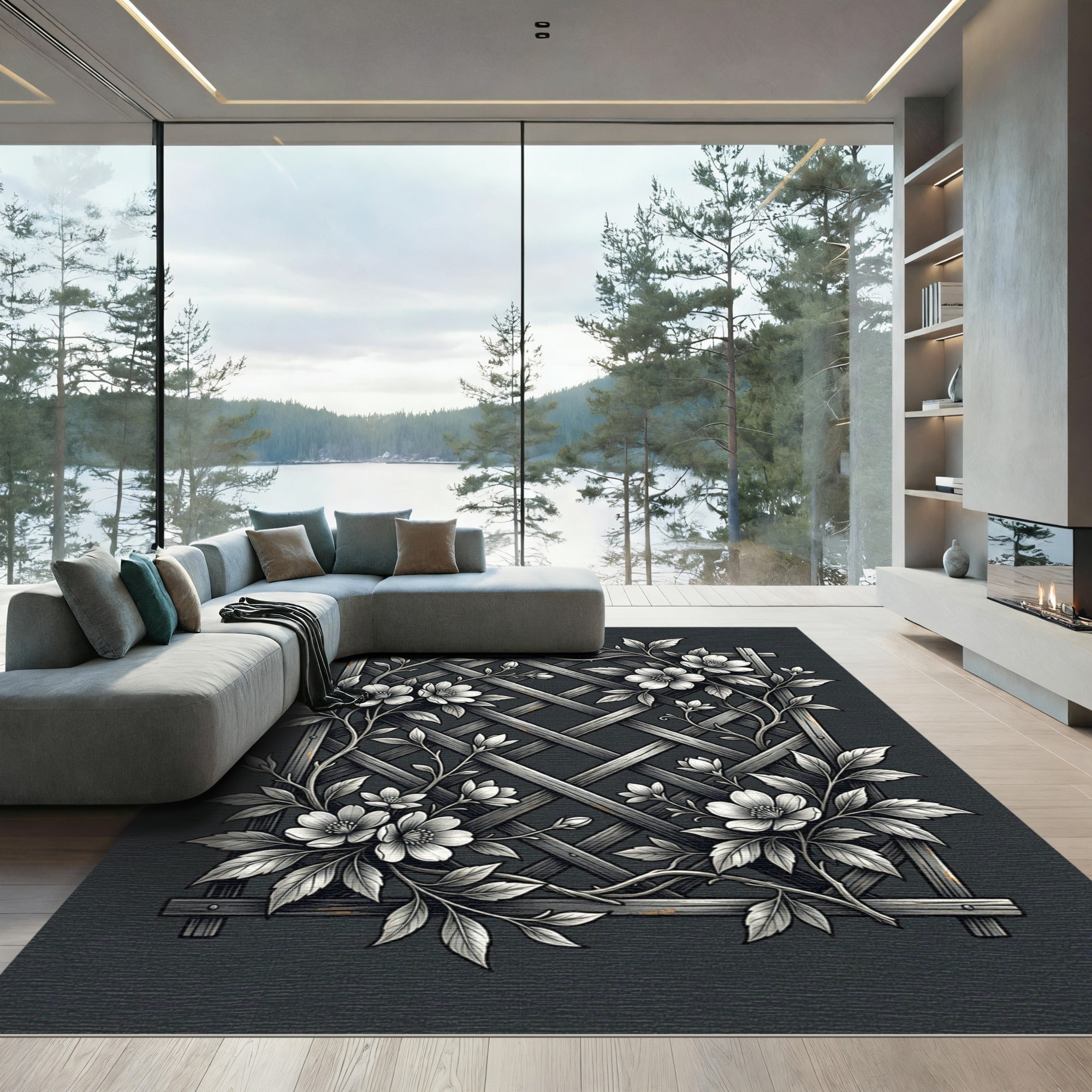 Monochromatic Floral Trellis Lattice Botanical Rug