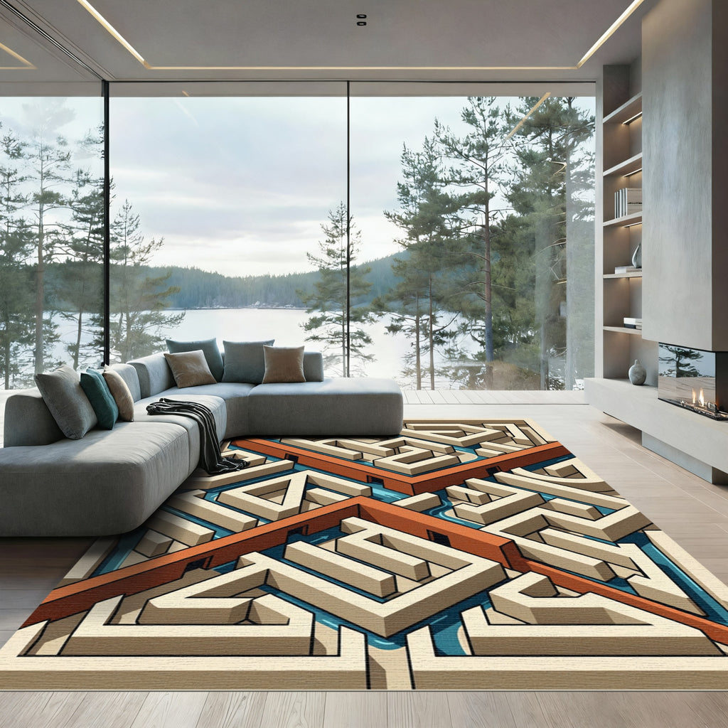 Isometric Maze Geometric Burnt Orange Rug
