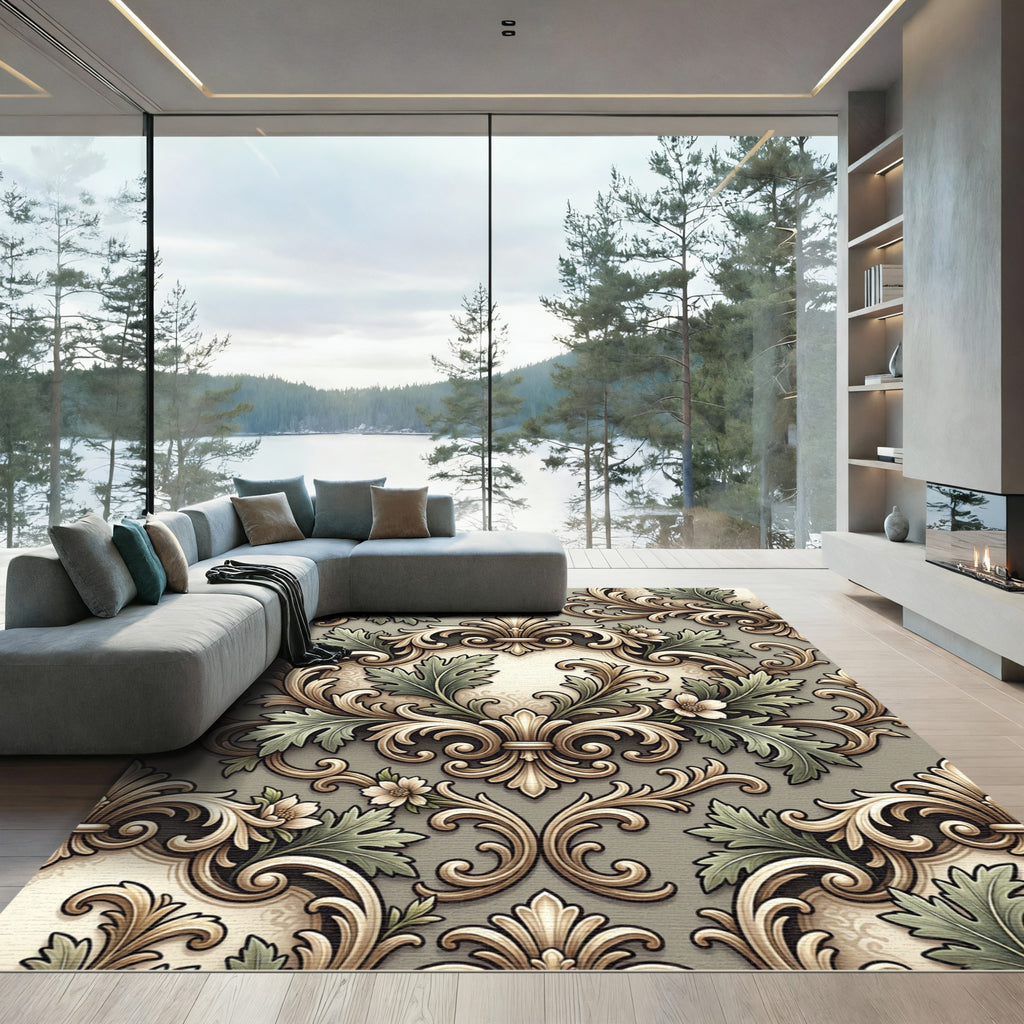 Ornate Gold Leaf Green Flourish Rug
