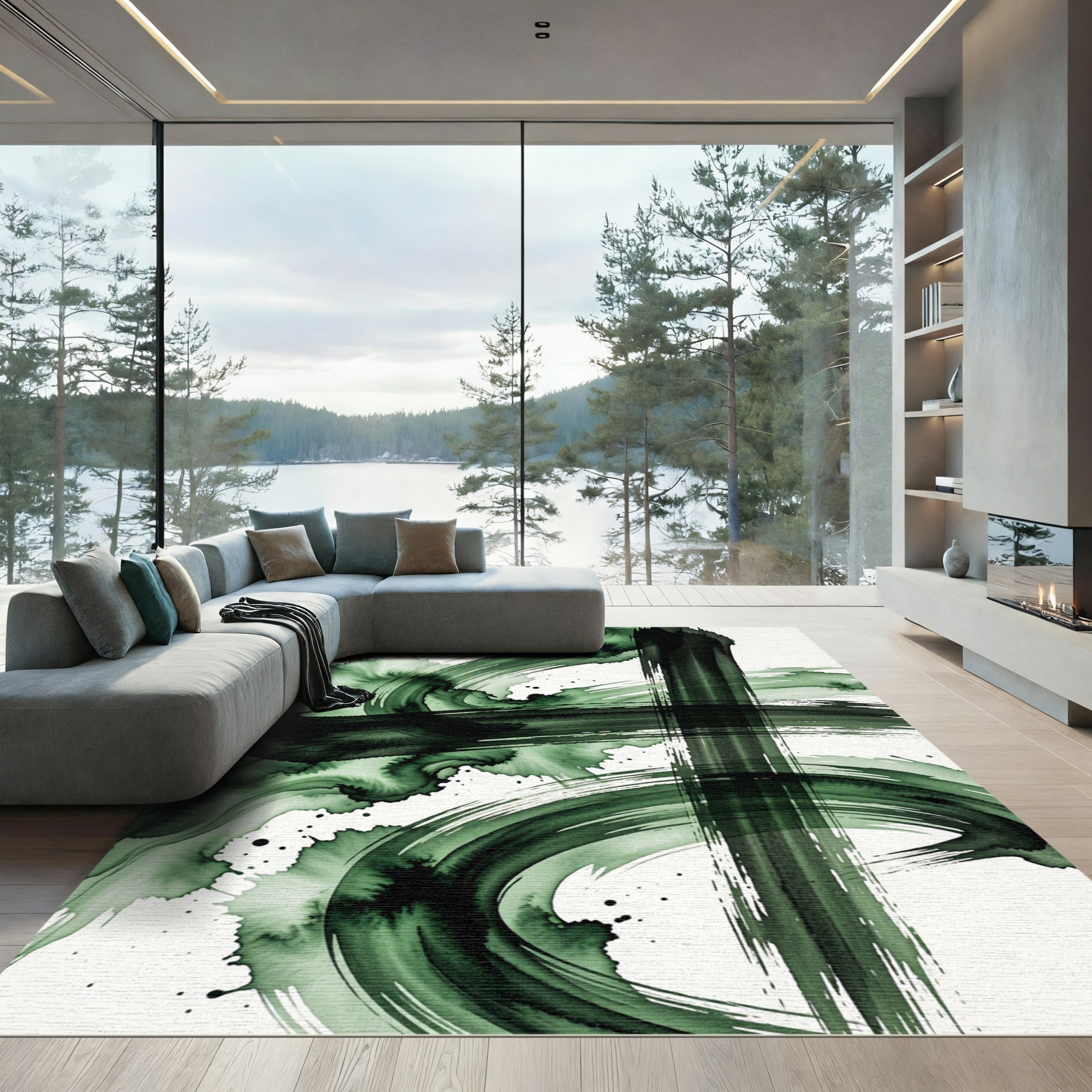 Deep Emerald Green Ink Wash Swirls Rug