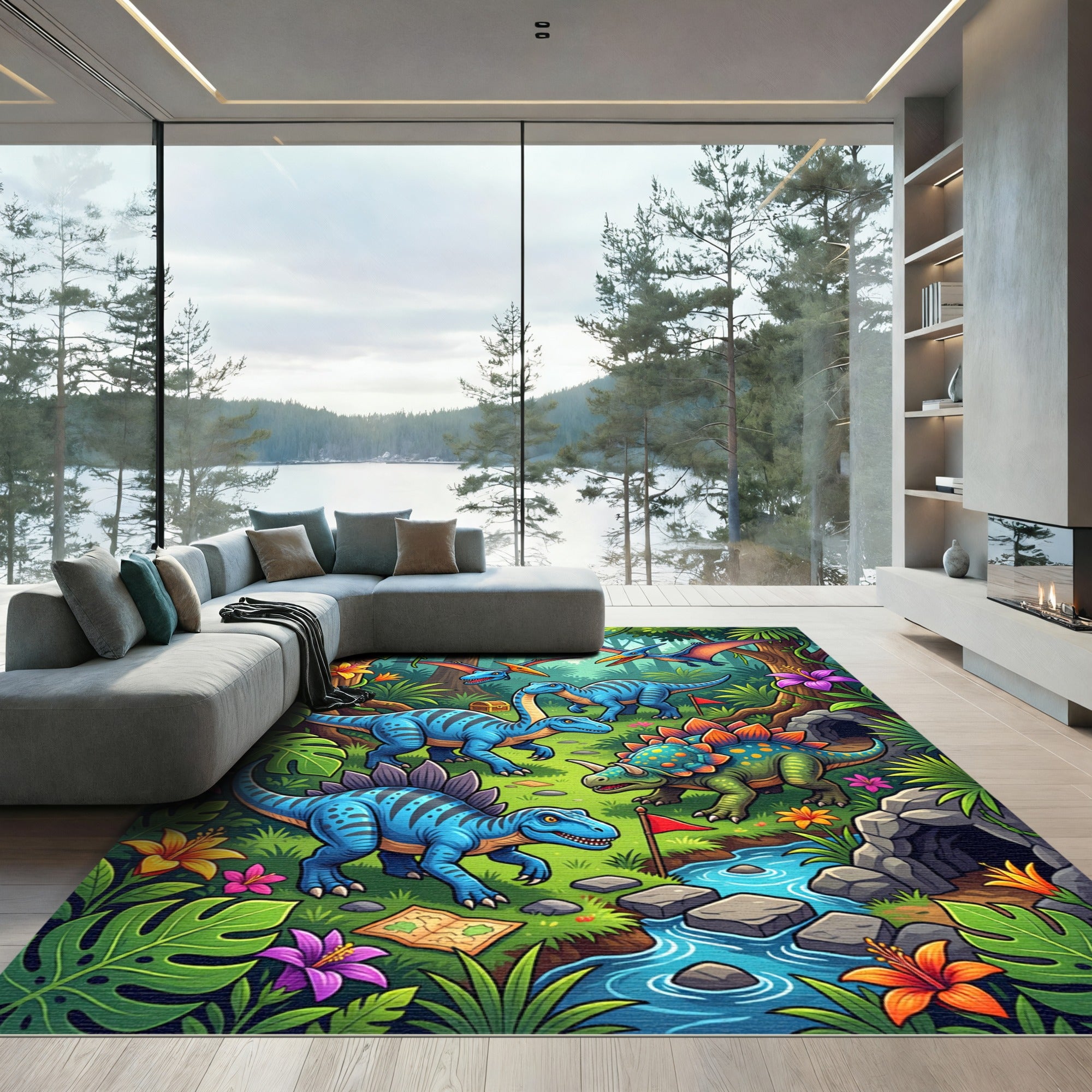 Vibrant Tropical Dinosaur Jungle Scene Rug