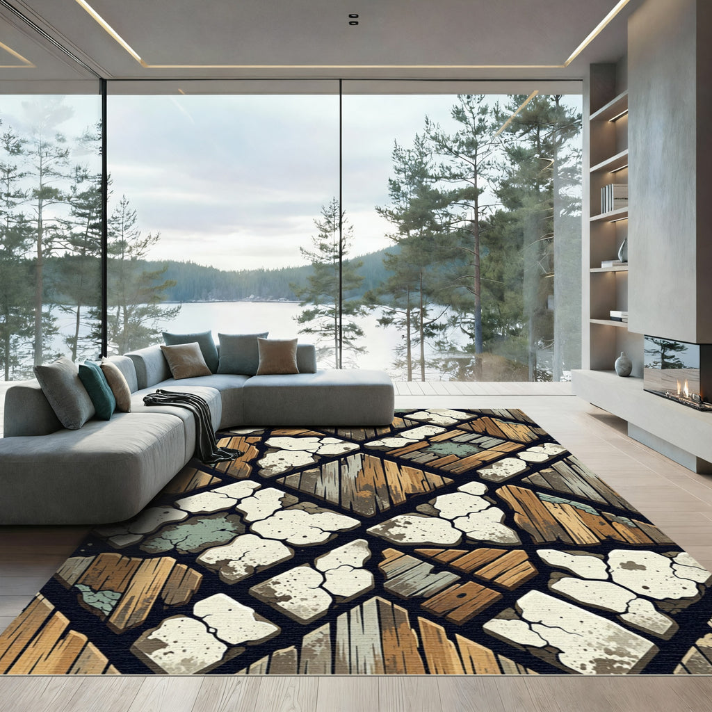 Rustic Wood And Stone Mosaic Rug