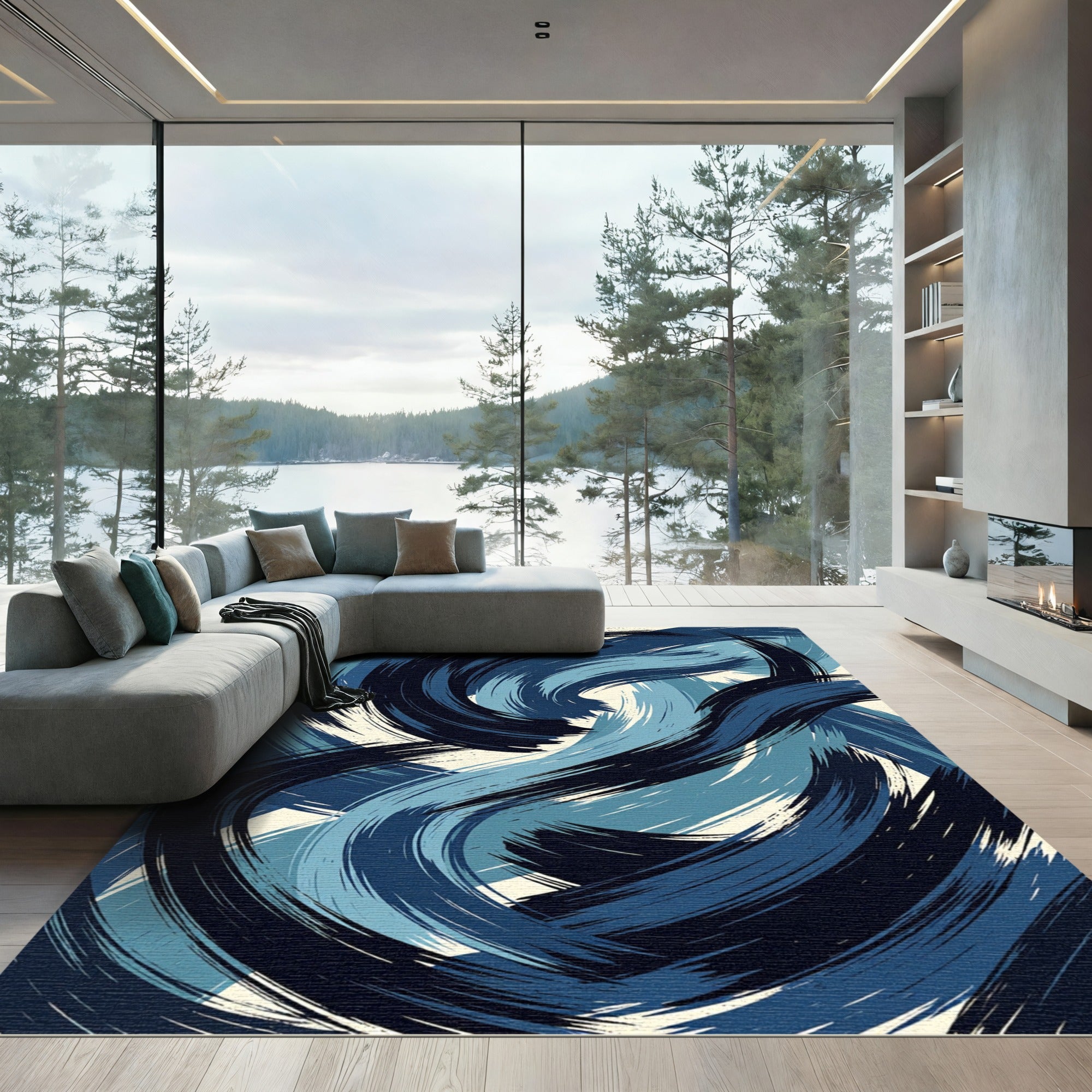 Abstract Navy and Azure Swirl Rug