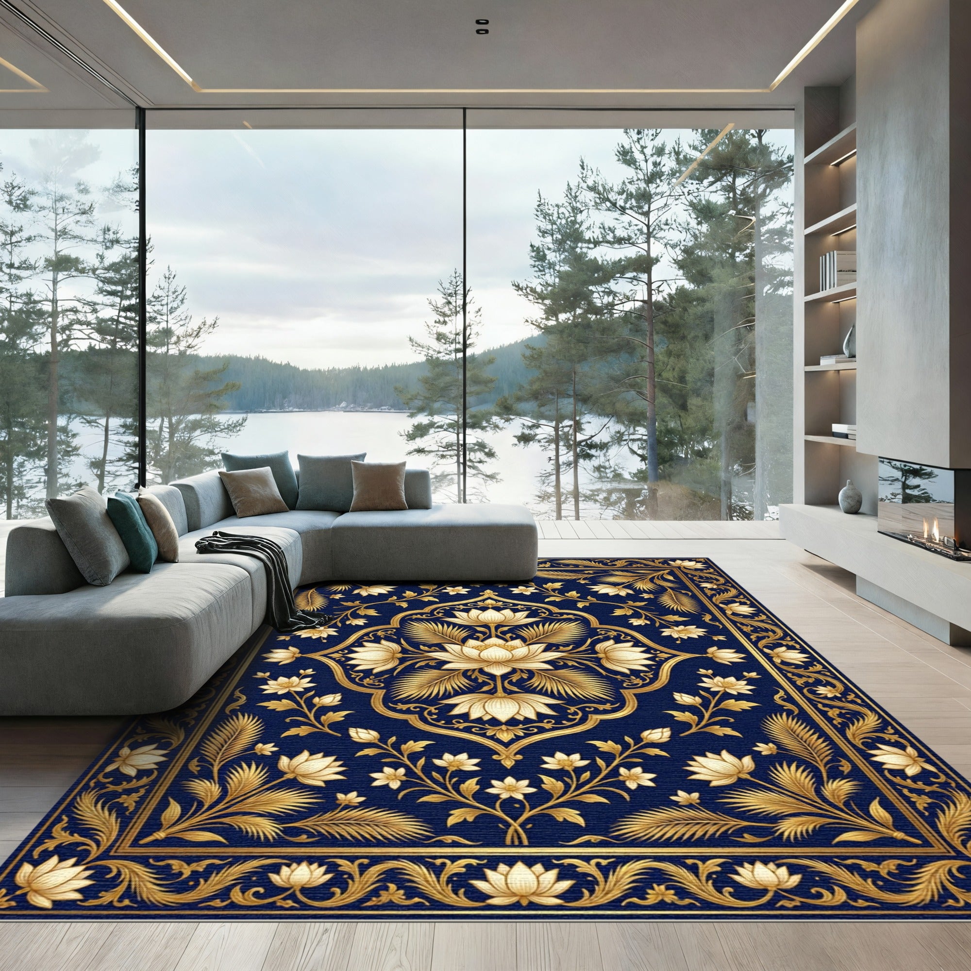 Golden Lotus Floral Royal Blue Medallion Rug