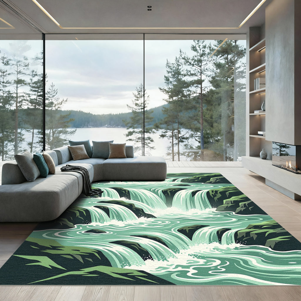 Cascading Emerald Mountain Waterfall Landscape Rug