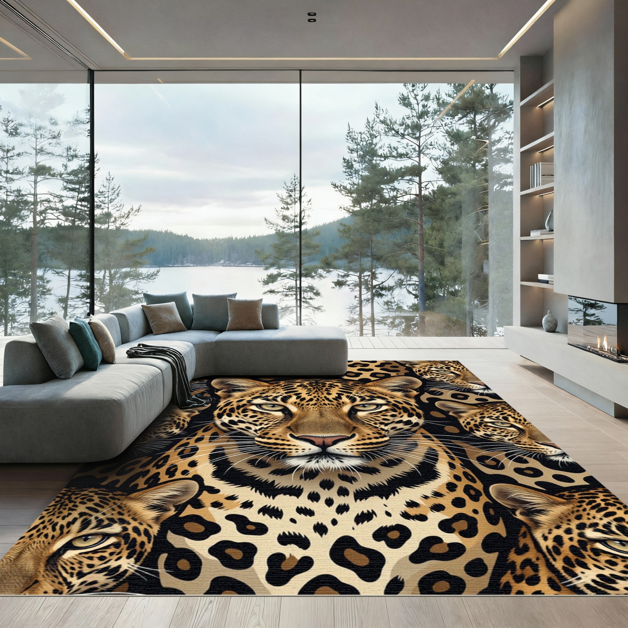 Golden Leopard Head Safari Portrait Rug