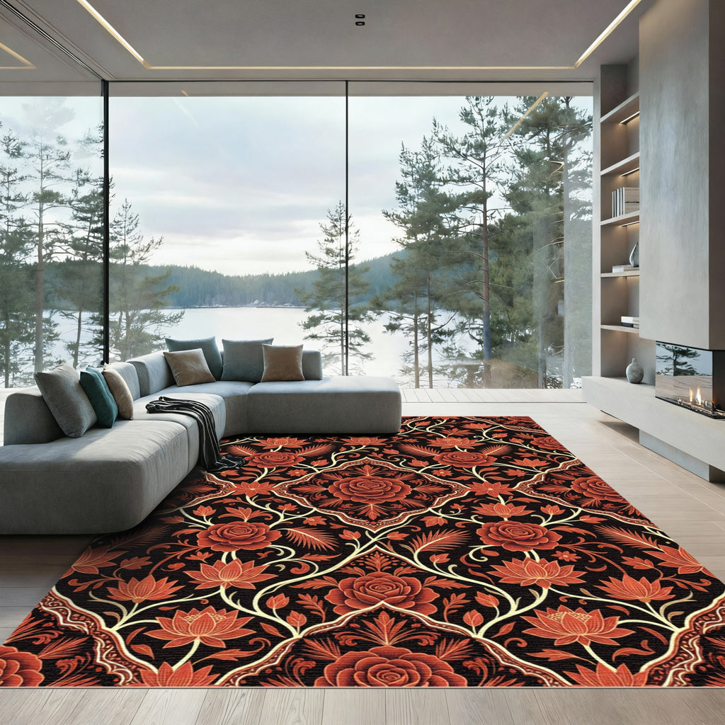 Rich Crimson Floral Vine Medallion Rug